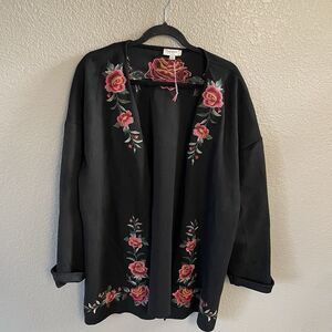 Umgee Jacket Womens Large Black Faux Suede Boho Embroidered Floral Open Coat